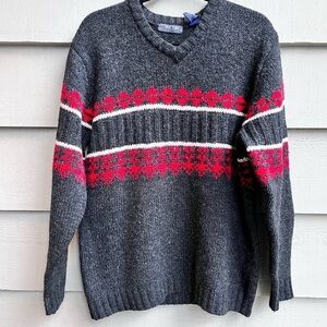 Vintage Structure 90s Shetland Wool Sweater Grey Stripe Detail V Neck Size Small